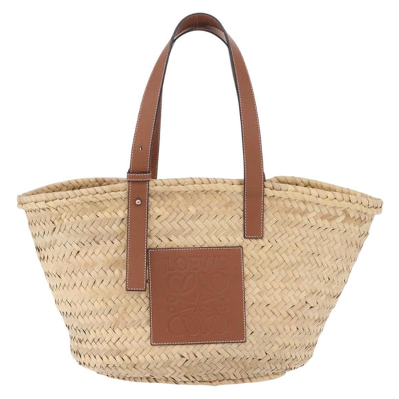LOEWE Anagram Basket bag Hand Bag Raffia Leather Beige Silver Auth bs37719V