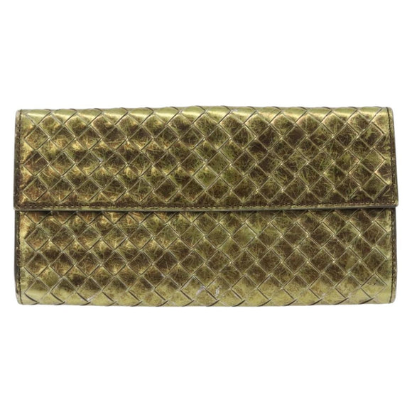 Bottega Veneta INTRECCIATO Long Wallet Leather Gold 134075 Auth bs37742