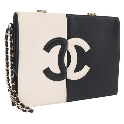 CHANEL CC Split Clutch Bag Lamb Skin Black White Gold CC Auth bs37748V