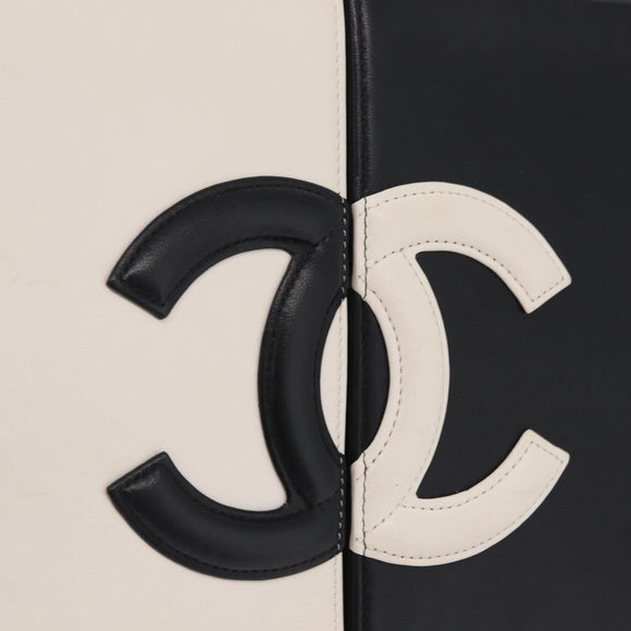 CHANEL CC Split Clutch Bag Lamb Skin Black White Gold CC Auth bs37748V
