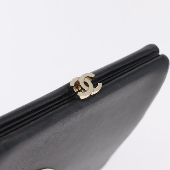 CHANEL CC Split Clutch Bag Lamb Skin Black White Gold CC Auth bs37748V