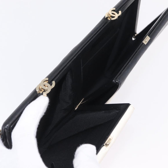 CHANEL CC Split Clutch Bag Lamb Skin Black White Gold CC Auth bs37748V