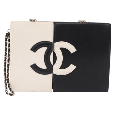 CHANEL CC Split Clutch Bag Lamb Skin Black White Gold CC Auth bs37748V - 0