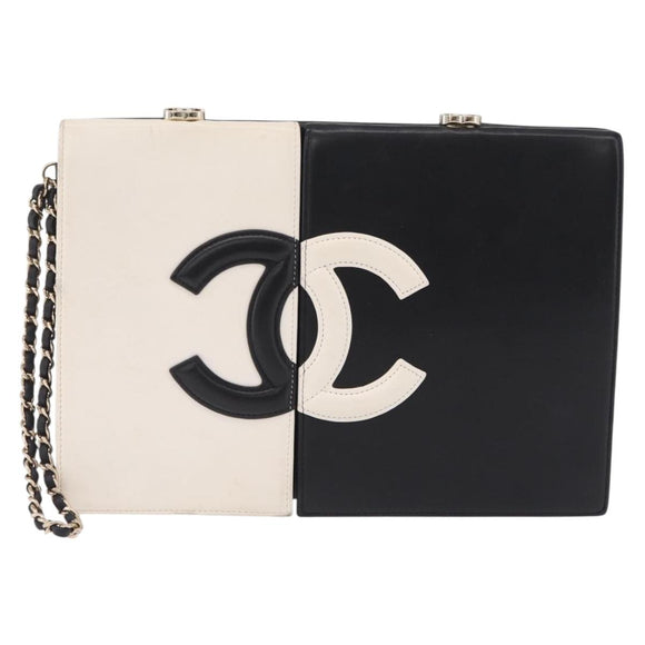 CHANEL CC Split Clutch Bag Lamb Skin Black White Gold CC Auth bs37748V