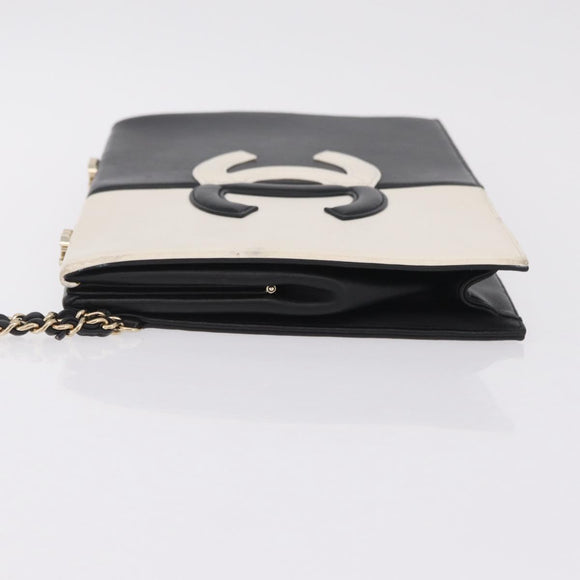 CHANEL CC Split Clutch Bag Lamb Skin Black White Gold CC Auth bs37748V
