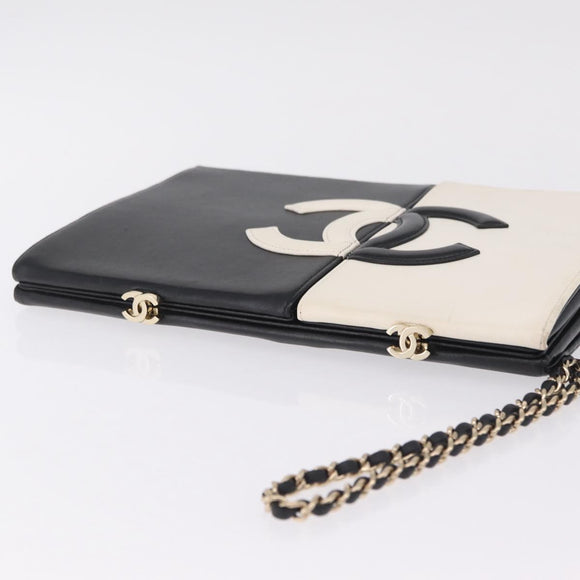 CHANEL CC Split Clutch Bag Lamb Skin Black White Gold CC Auth bs37748V
