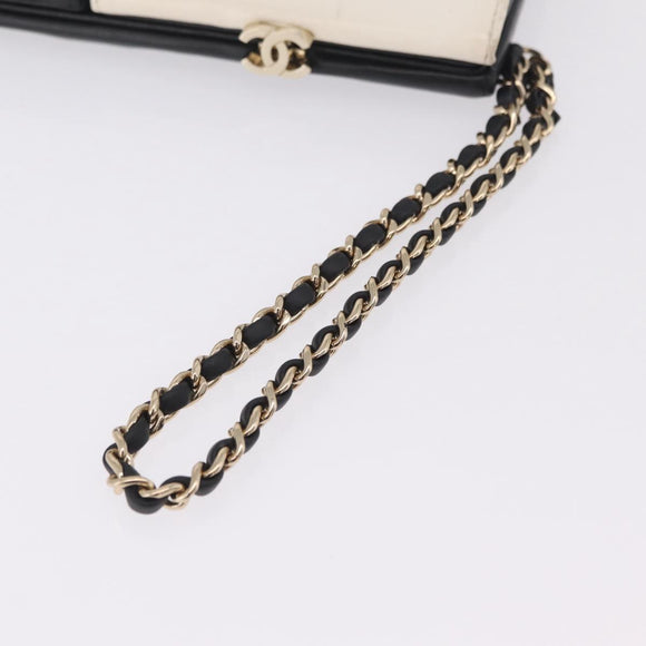 CHANEL CC Split Clutch Bag Lamb Skin Black White Gold CC Auth bs37748V