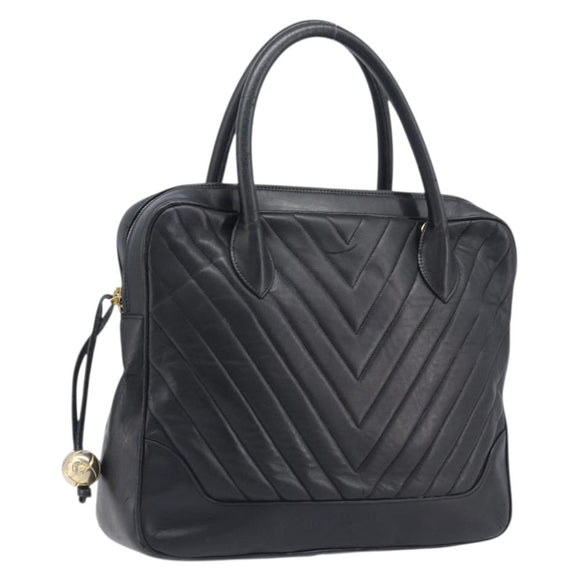 CHANEL V Stitch Hand Bag Leather Black Gold Tone CC Auth bs37749