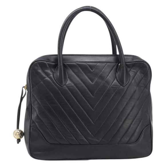 CHANEL V Stitch Hand Bag Leather Black Gold Tone CC Auth bs37749