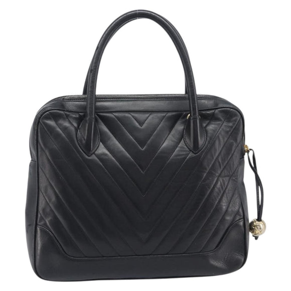 CHANEL V Stitch Hand Bag Leather Black Gold Tone CC Auth bs37749
