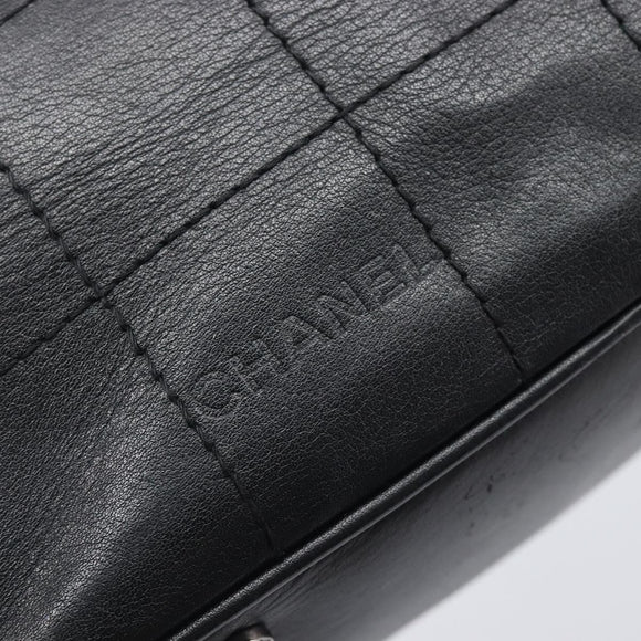 CHANEL Choco Bar Hand Bag Leather Black Silver CC Auth bs37750