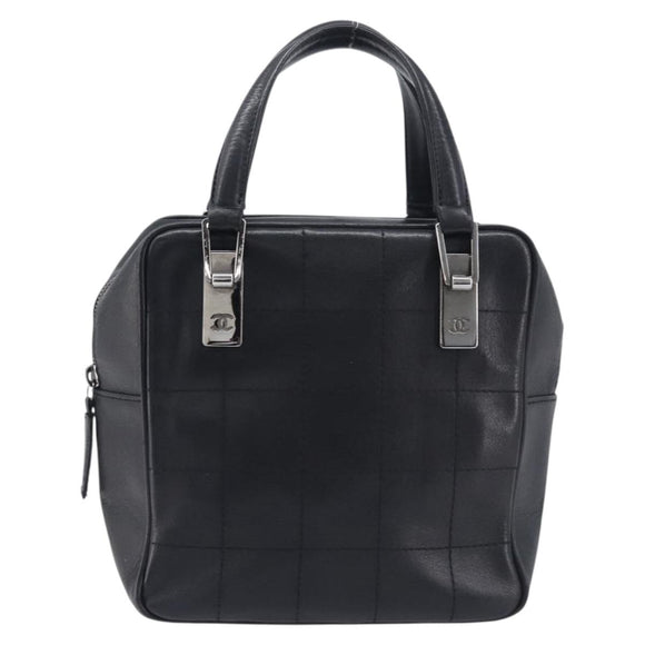CHANEL Choco Bar Hand Bag Leather Black Silver CC Auth bs37750