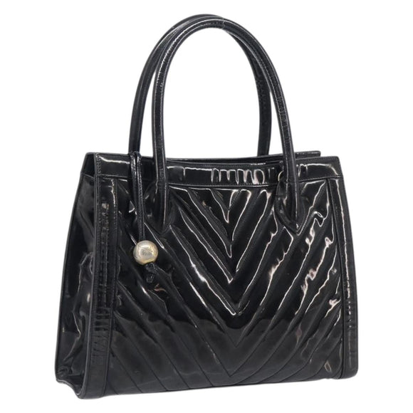 CHANEL V Stitch Hand Bag Patent Black Gold Tone CC Auth bs37752
