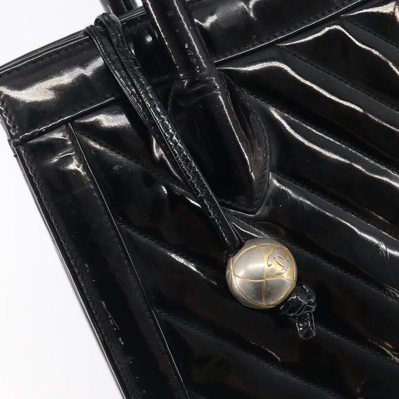 CHANEL V Stitch Hand Bag Patent Black Gold Tone CC Auth bs37752