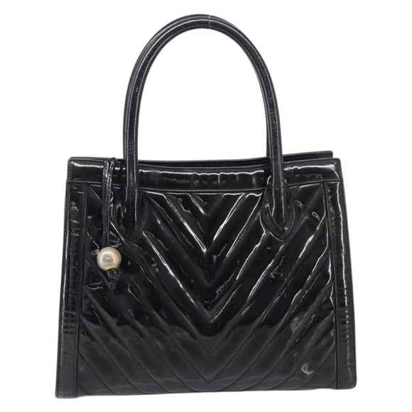 CHANEL V Stitch Hand Bag Patent Black Gold Tone CC Auth bs37752