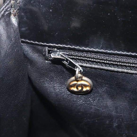 CHANEL V Stitch Hand Bag Patent Black Gold Tone CC Auth bs37752