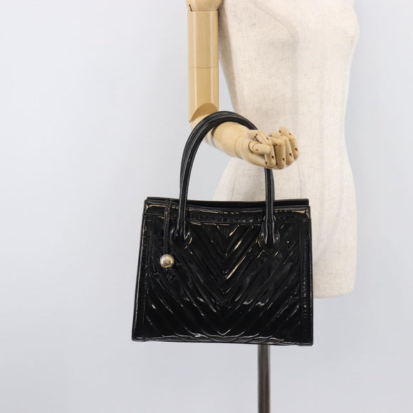 CHANEL V Stitch Hand Bag Patent Black Gold Tone CC Auth bs37752