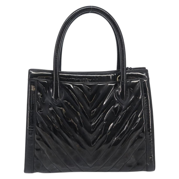 CHANEL V Stitch Hand Bag Patent Black Gold Tone CC Auth bs37752