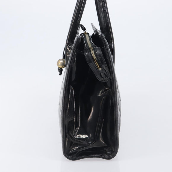 CHANEL V Stitch Hand Bag Patent Black Gold Tone CC Auth bs37752