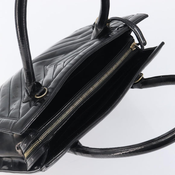 CHANEL V Stitch Hand Bag Patent Black Gold Tone CC Auth bs37752