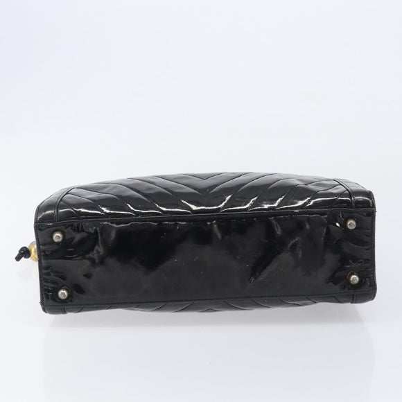 CHANEL V Stitch Hand Bag Patent Black Gold Tone CC Auth bs37752