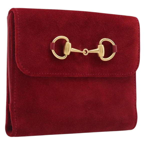 GUCCI Horsebit Bifold Wallet Suede Red Gold Tone 035 0959 1836 0 Auth bs37757