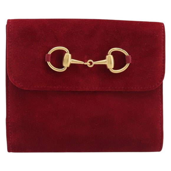 GUCCI Horsebit Bifold Wallet Suede Red Gold Tone 035 0959 1836 0 Auth bs37757