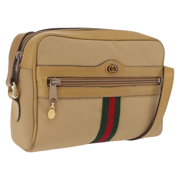 GUCCI Web Sherry Line Shoulder Bag Canvas Beige Gold Tone 010 378 Auth bs37760