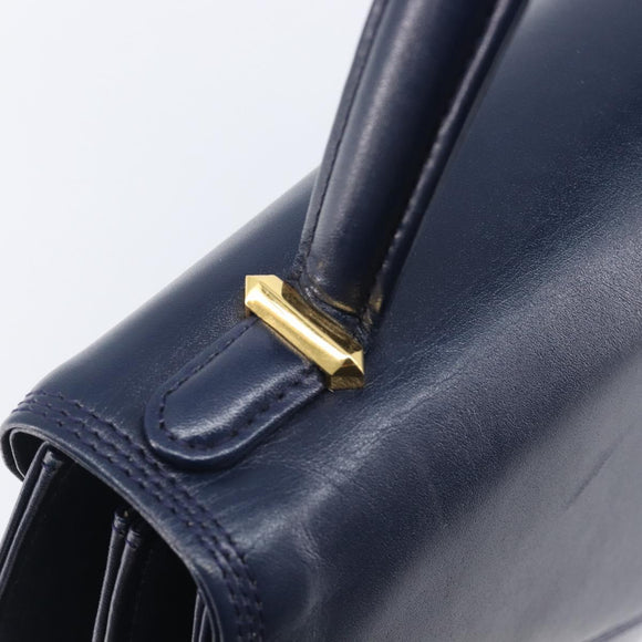 GIVENCHY Hand Bag Leather Navy Gold Tone Auth bs37763