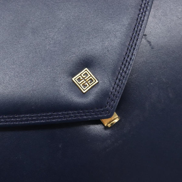 GIVENCHY Hand Bag Leather Navy Gold Tone Auth bs37763