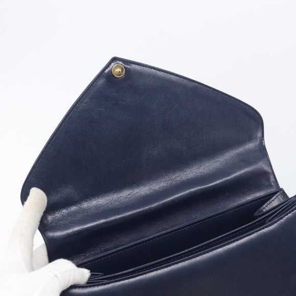 GIVENCHY Hand Bag Leather Navy Gold Tone Auth bs37763