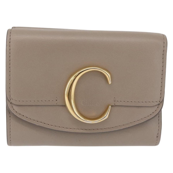 Chloe C Trifold Wallet Leather Beige Gold Tone Auth bs37768A