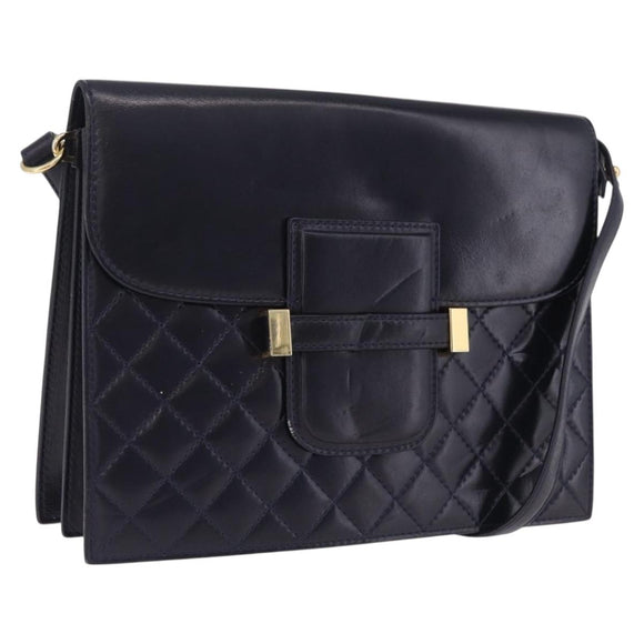 Saint Laurent Shoulder Bag Leather Navy Gold Tone Auth bs37775