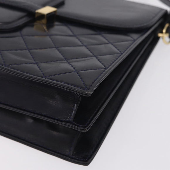 Saint Laurent Shoulder Bag Leather Navy Gold Tone Auth bs37775
