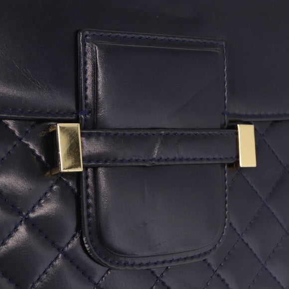 Saint Laurent Shoulder Bag Leather Navy Gold Tone Auth bs37775