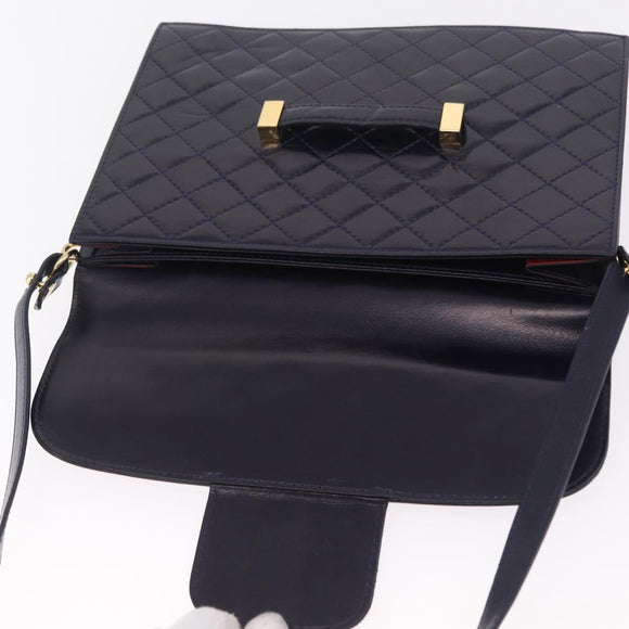 Saint Laurent Shoulder Bag Leather Navy Gold Tone Auth bs37775