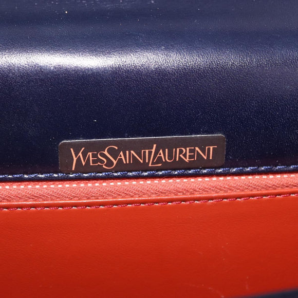 Saint Laurent Shoulder Bag Leather Navy Gold Tone Auth bs37775