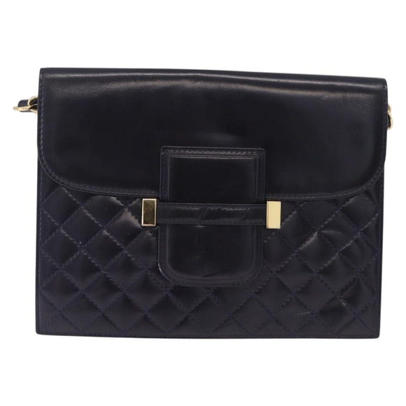 Saint Laurent Shoulder Bag Leather Navy Gold Tone Auth bs37775