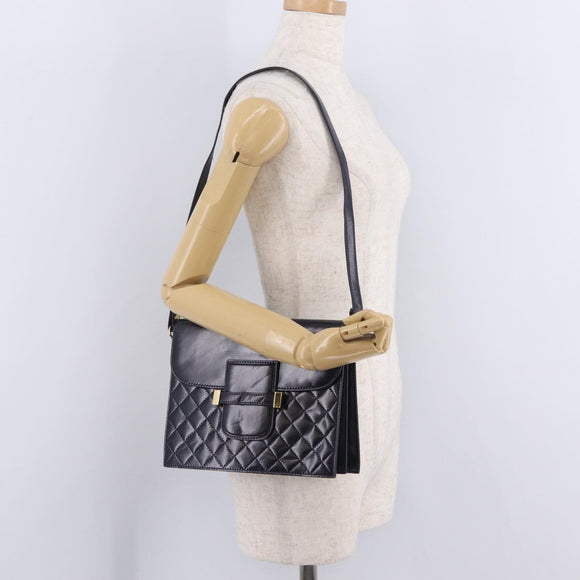 Saint Laurent Shoulder Bag Leather Navy Gold Tone Auth bs37775