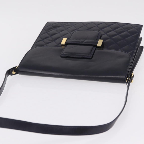 Saint Laurent Shoulder Bag Leather Navy Gold Tone Auth bs37775