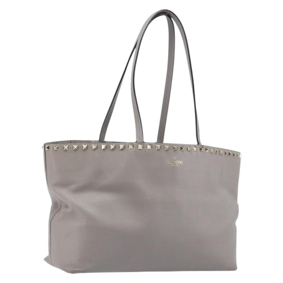 Valentino Studs Tote Bag Leather Gray Gold Tone Auth bs37779