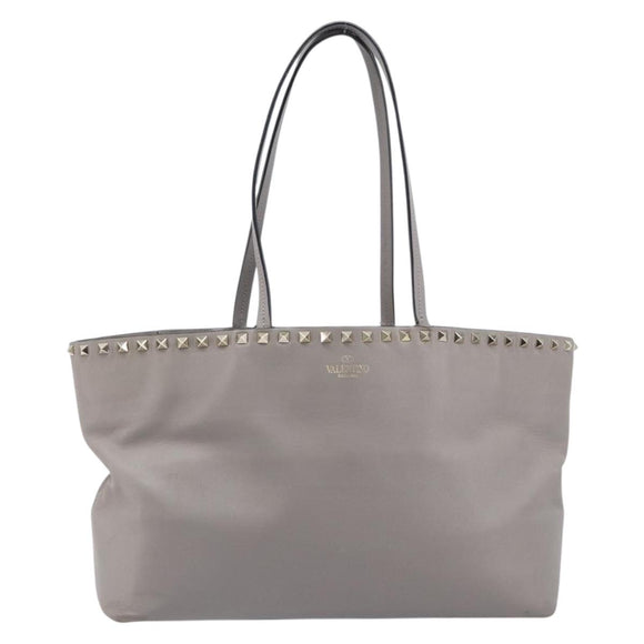 Valentino Studs Tote Bag Leather Gray Gold Tone Auth bs37779