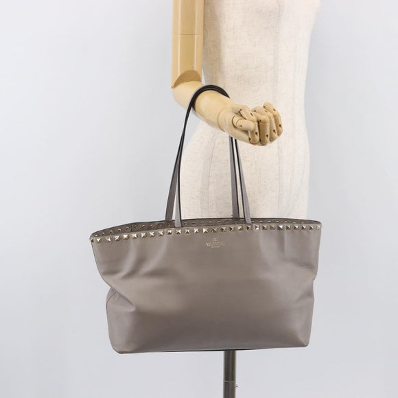 Valentino Studs Tote Bag Leather Gray Gold Tone Auth bs37779