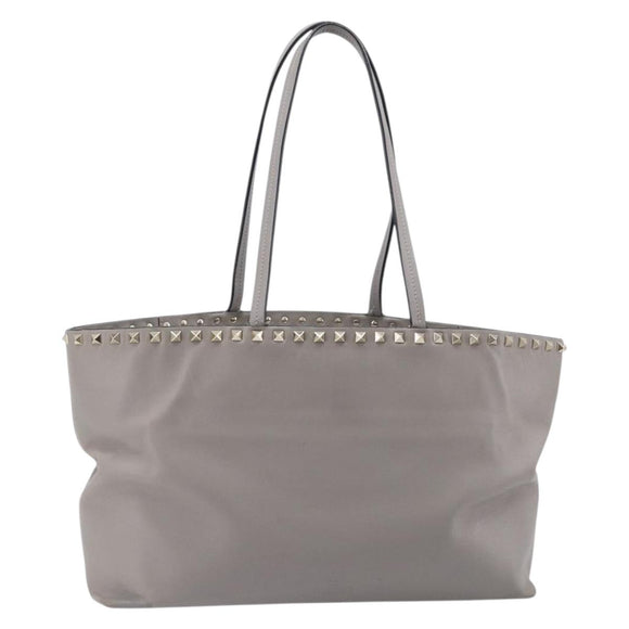 Valentino Studs Tote Bag Leather Gray Gold Tone Auth bs37779