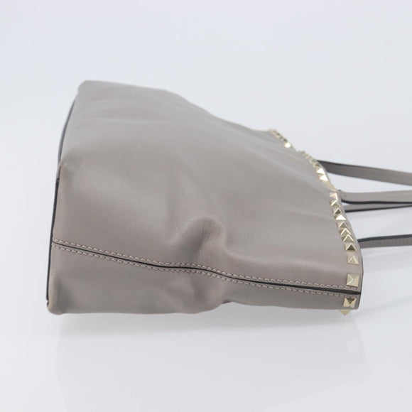 Valentino Studs Tote Bag Leather Gray Gold Tone Auth bs37779