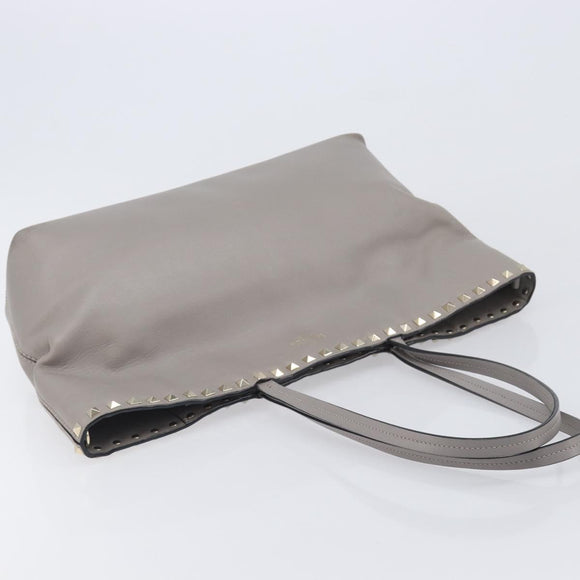 Valentino Studs Tote Bag Leather Gray Gold Tone Auth bs37779
