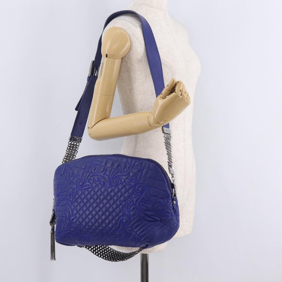 Gianni Versace Shoulder Bag Leather Blue Silver Auth bs37784A