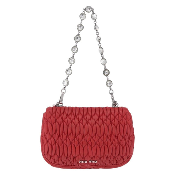Miu Miu Matelasse Chain Shoulder Bag Leather Red Silver Auth bs37793A