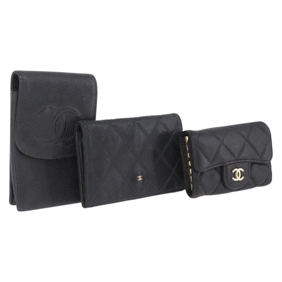 CHANEL Key Case Matelasse Card Case Leather 3 Set Black Gold CC Auth bs37818
