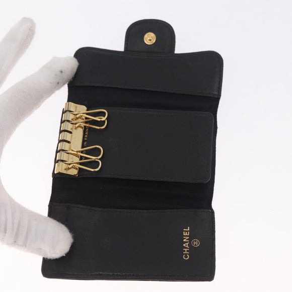 CHANEL Key Case Matelasse Card Case Leather 3 Set Black Gold CC Auth bs37818